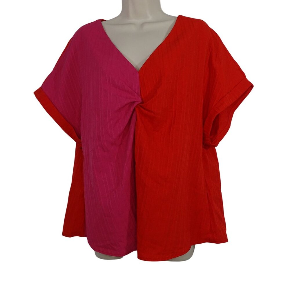 Shein Curve Red Pink Colorblock Twist Front Blous… - image 1